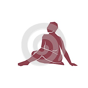 Abstract woman sitting pose on white background. Hand drawn burgundy silhouette. For home decoration, card, social media post,