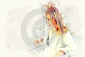 Abstract woman smile portrait and traveling in the capital city on watercolor illustration painting background.