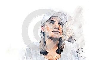 Abstract woman smile portrait and traveling in the capital city on watercolor illustration painting background.
