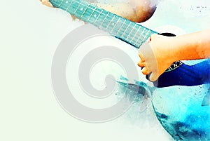 Abstract women playing acoustic guitar watercolor paint.