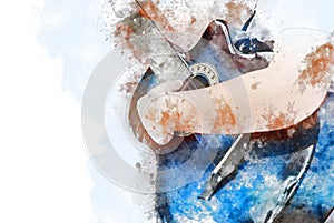 Abstract women playing acoustic guitar watercolor paint.