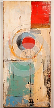 Abstract Wood Art: Distressed Circular Abstraction In Turquoise And Red