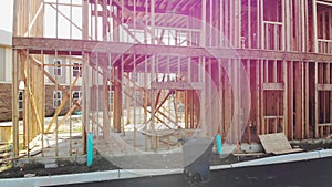 Abstract of Wood Home Framing at Construction Site.