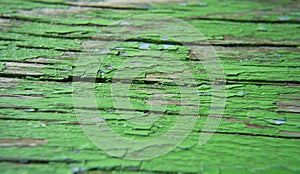 Abstract wood texture with peeling paint. Green wooden backdrop. Shabby painted wood. Close-up on the Surface of an Old Wooden