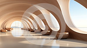 Abstract wooden arched ceiling and wall with curved lines. Generative AI.