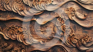 Abstract wooden carving background, carved Chinese motifs with abstract shapes and texture, waves, lines, swashes