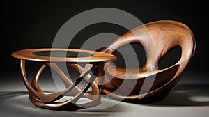 Abstract Wooden Chair And Table: Swirling Vortexes And Sculpted Forms
