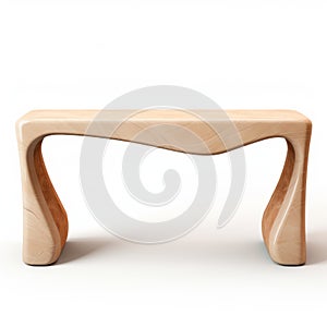 Abstract Wooden Curved Console Table With Beige Ottoman