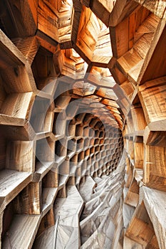 Abstract Wooden Geometric Tunnel Structure Interior with Perspective Modern Architecture Detail