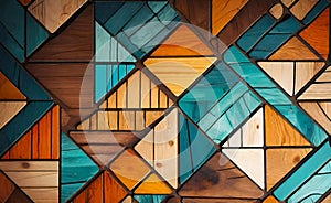 Abstract wooden glossy mosaic wall texture in grunge deco style with geometric shapes, wooden background for design,