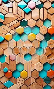 Abstract wooden glossy mosaic wall texture in grunge deco style with geometric shapes, wooden background for design,