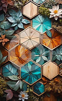 Abstract wooden glossy mosaic wall texture in grunge deco style with geometric shapes, wooden background for design,