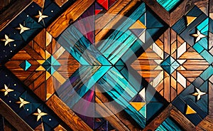 Abstract wooden glossy mosaic wall texture in grunge deco style with geometric shapes, wooden background for design,