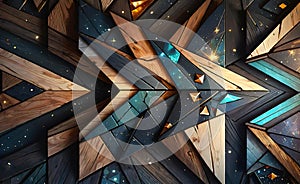 Abstract wooden glossy mosaic wall texture in grunge deco style with geometric shapes, wooden background for design,