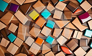 Abstract wooden glossy mosaic wall texture in grunge deco style with geometric shapes, wooden background for design,