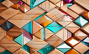 Abstract wooden glossy mosaic wall texture in grunge deco style with geometric shapes, wooden background for design,