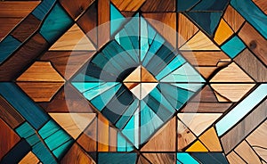 Abstract wooden glossy mosaic wall texture in grunge deco style with geometric shapes, wooden background for design,