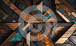 Abstract wooden glossy mosaic wall texture in grunge deco style with geometric shapes, wooden background for design,