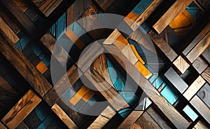 Abstract wooden glossy mosaic wall texture in grunge deco style with geometric shapes, wooden background for design,