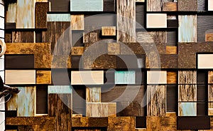 Abstract wooden glossy mosaic wall texture in grunge deco style with geometric shapes, wooden background for design,