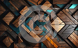 Abstract wooden glossy mosaic wall texture in grunge deco style with geometric shapes, wooden background for design,