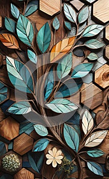 Abstract wooden glossy mosaic wall texture in grunge deco style with geometric shapes, wooden background for design,