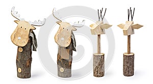 Abstract wooden reindeer statue, Christmas decorative elements isolated on white background, Clipping path included