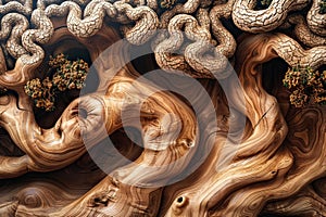 Abstract wooden sculpture resembling a tree trunk with intricate knots and branches