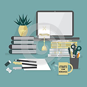 Abstract workaholic desk top icons on blue background photo