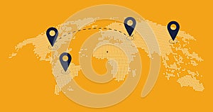 Abstract world map animation with pointers. Pins on world map navigation and travel concept. GPS location services