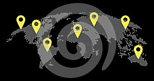 Abstract world map animation with pointers. Pins on world map navigation and travel concept. GPS location services