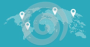 Abstract world map animation with pointers. Pins on world map navigation and travel concept. GPS location services