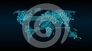 Abstract world map from a digital binary code on a grid background, connection between cities in the form of a printed circuit boa