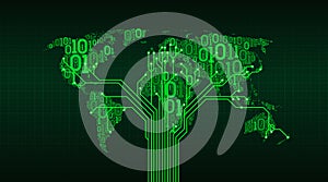 Abstract world map from a digital binary code on a grid background, a connection between cities in the form of a printed circuit b