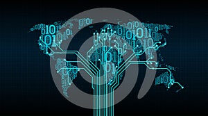 Abstract world map from a digital binary code on a grid background, a connection between cities in the form of a printed circuit b