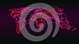 Abstract world map from digital binary code on a grid background, global internet transactions, blockchain, vector illustration