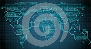 Abstract world map with digital binary continents, cities and connections in the form of a printed circuit board