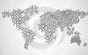 Abstract world map of hexagonal molecular structures