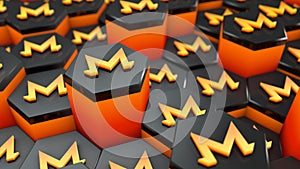 Abstract XMR Monero coin cryptocurrency with blockchain network connection in blockchain conceptual 3d illustration