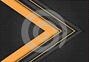 Abstract yellow arrow speed direction on dark gray hexagon mesh design modern futuristic background texture vector