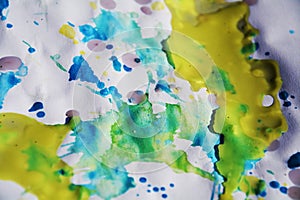 Abstract yellow blue colorful background, paint watercolor and waxy spots