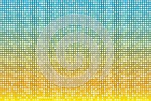 Abstract yellow blue radial background in square mosaic grid. Bright summer vector illustration