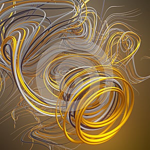 Interlacing abstract yellow colored curves. Computer generated geometric pattern. 3D rendering