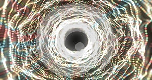 Abstract yellow energy tunnel made of particles and a grid of high-tech lines photo