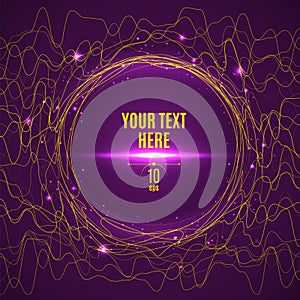 Abstract yellow glared wave lines on purple background. Banner t