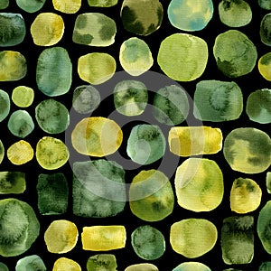 Abstract yellow green round spots, seamless pattern, watercolor background