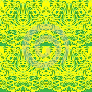 Abstract yellow lace, green moire vector pattern. Abstract tangled curves.