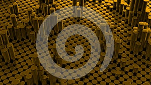 Abstract yellow metallic chrome background with cylinders. Ceramic round tiles. Geometry pattern. Random cells. Polygonal glossy