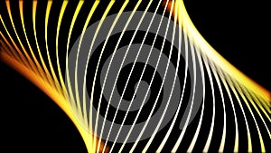 Abstract yellow neon lines twisting in a spiral tunnel on black background, seamless loop. Animation. 3D colorful narrow