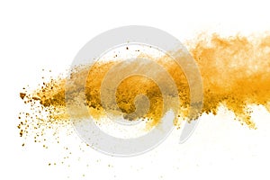 Abstract of yellow powder explosion on white background. Yellow powder splatted isolate. Colored cloud. Colored dust explode. Pain